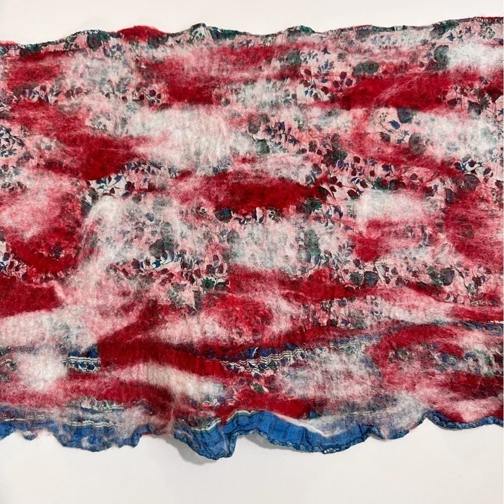 Handcrafted wet felted scarf cottagecore print w/ red & white wool felted 12x72”